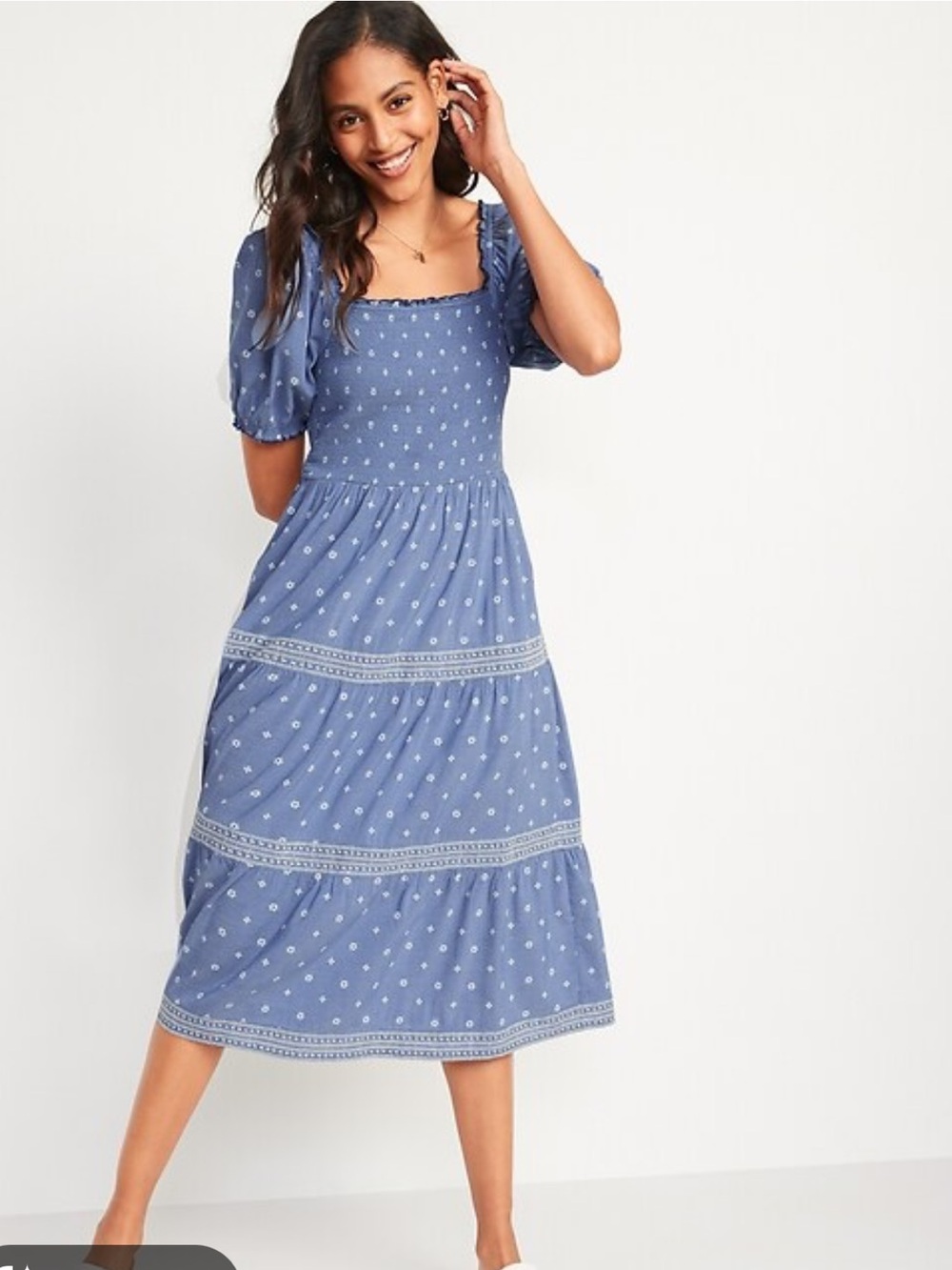 Old Navy Puff-Sleeve Smocked Printed Embroidered Chambray Midi Dress XL